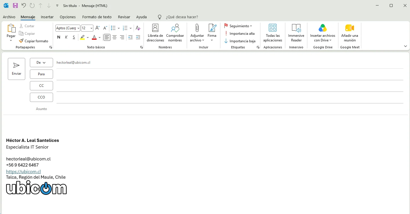 La misma ventana de redacción de correo corporativo UBICOM en Outlook, modo claro